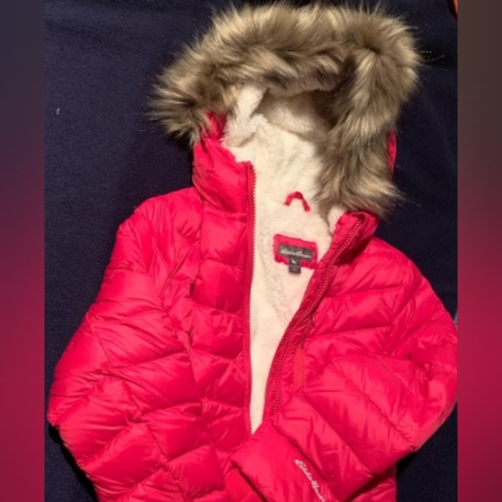 🎄☃️ Eddie Bauer Parka Coat Girl's Sun Valley, Down Jacket Fur Hood Fuchsia ⛄❄️